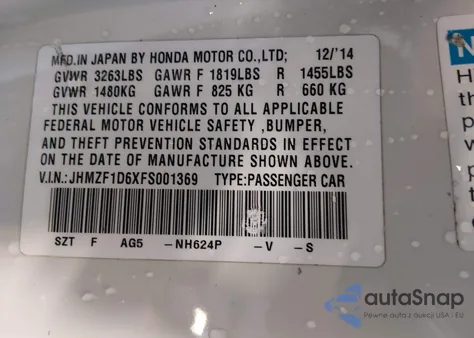 2015 Honda Cr-Z Ex z USA, uszkodzony, nr VIN JHMZF1D6XFS001369